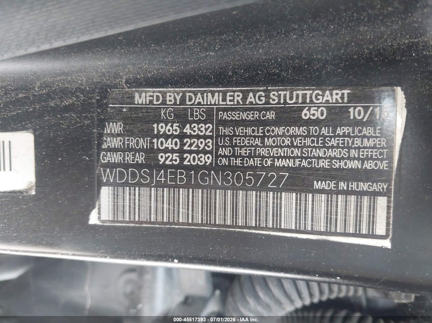2016 Mercedes-benz Cla-klasse VIN WDDSJ4EB1GN305727 IAAI salvage auction — FRONT END, Original (Texas), sold $825 on 2026-07-29 (photo 9)