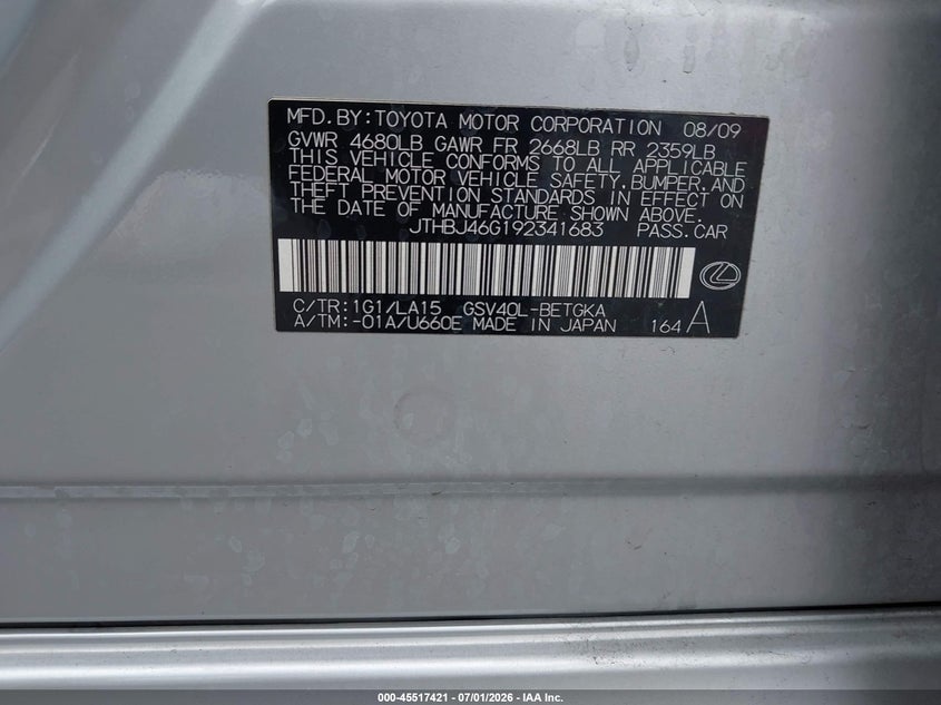 2009 Lexus Es 350 VIN JTHBJ46G192341683 IAAI salvage auction — FRONT END, Salvage (California), sold $850 on 2026-07-30 (photo 9)