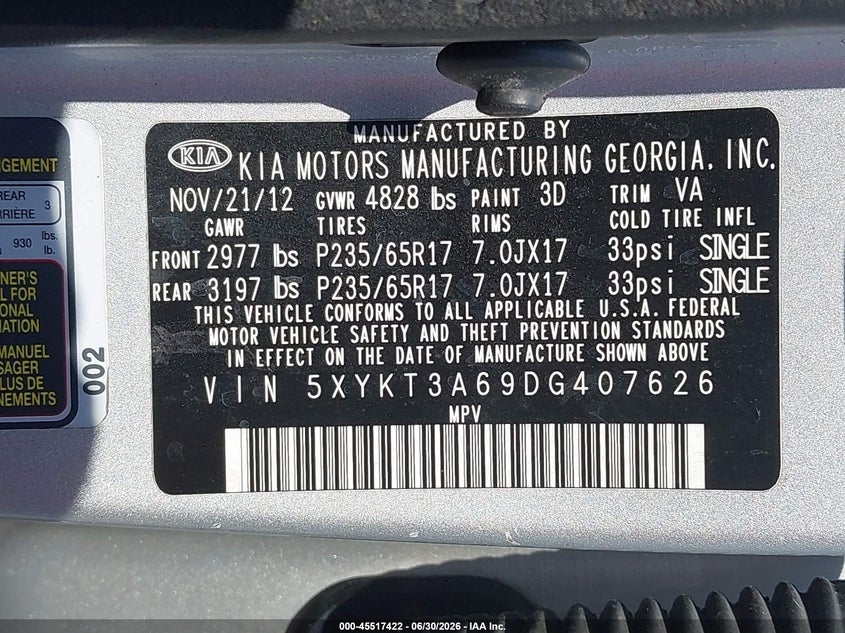 2013 Kia Sorento VIN 5XYKT3A69DG407626 IAAI salvage auction — NORMAL WEAR, Clear (Florida), sold $475 on 2026-07-28 (photo 9)