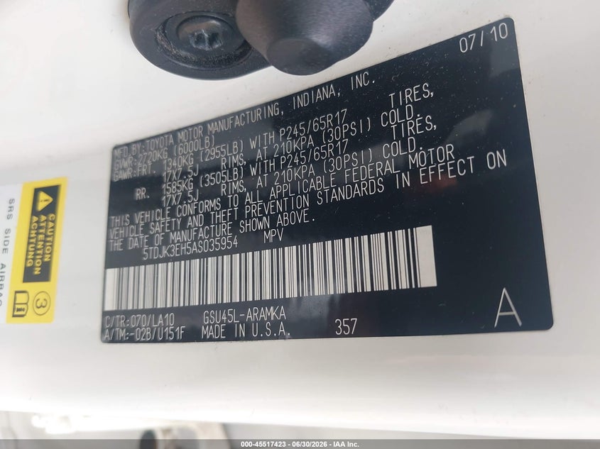 2010 Toyota Highlander VIN 5TDJK3EH5AS035954 IAAI salvage auction — FRONT END, Mv-907A (New York), sold $2,500 on 2026-07-14 (photo 9)