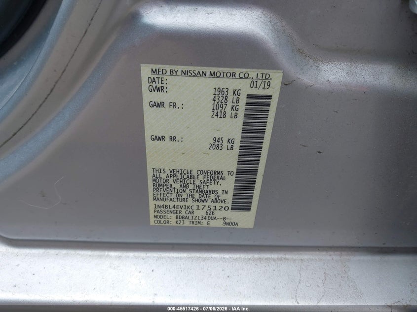 2019 Nissan Altima VIN 1N4BL4EV1KC175120 IAAI salvage auction — SIDE, Salvage - Greater Than 75% (Maryland), sold $2,250 on 2026-07-24 (photo 9)