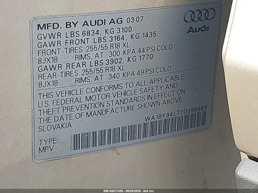 2007 Audi Q7 VIN WA1BY94L77D096989 IAAI salvage auction — NORMAL WEAR, Clear (Florida), sold $400 on 2026-07-16 (photo 9)