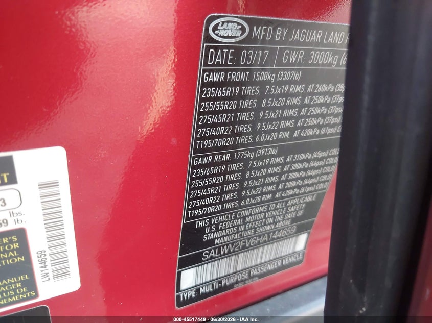 2017 Land rover Range rover sport VIN SALWV2FV6HA144659 IAAI salvage auction — NORMAL WEAR, Clear (Virginia), sold $3,525 on 2026-07-29 (photo 9)