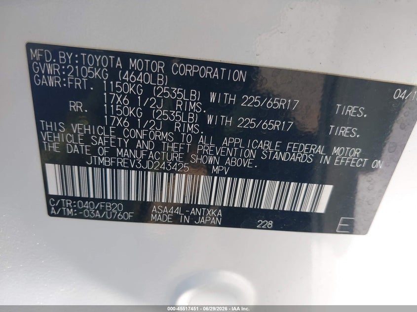 2018 Toyota Rav 4 VIN JTMBFREV3JD243425 IAAI salvage auction — EXTERIOR BURN, Salvage Title, sold $1,050 on 2026-07-22 (photo 9)