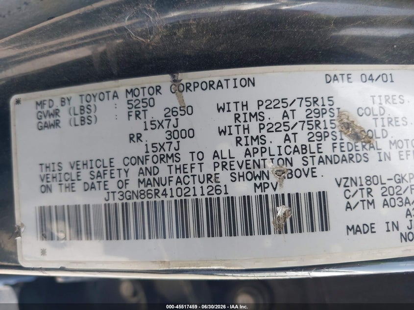 2001 Toyota 4runner VIN JT3GN86R410211261 IAAI salvage auction — REAR END, Salvage (California), sold $1,200 on 2026-07-16 (photo 9)
