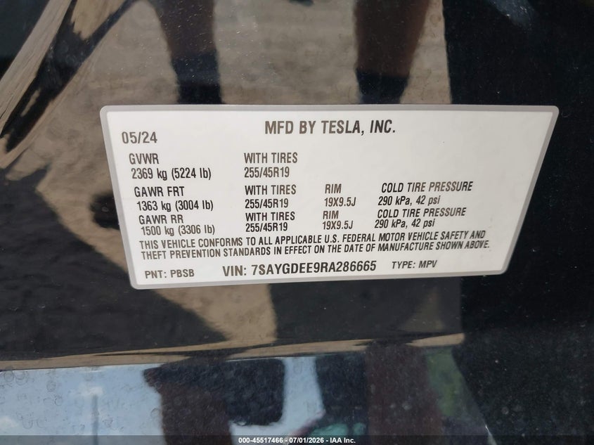 2024 Tesla Model y VIN 7SAYGDEE9RA286665 IAAI salvage auction — REAR END, Salvage (Indiana), sold $16,000 on 2026-07-30 (photo 9)