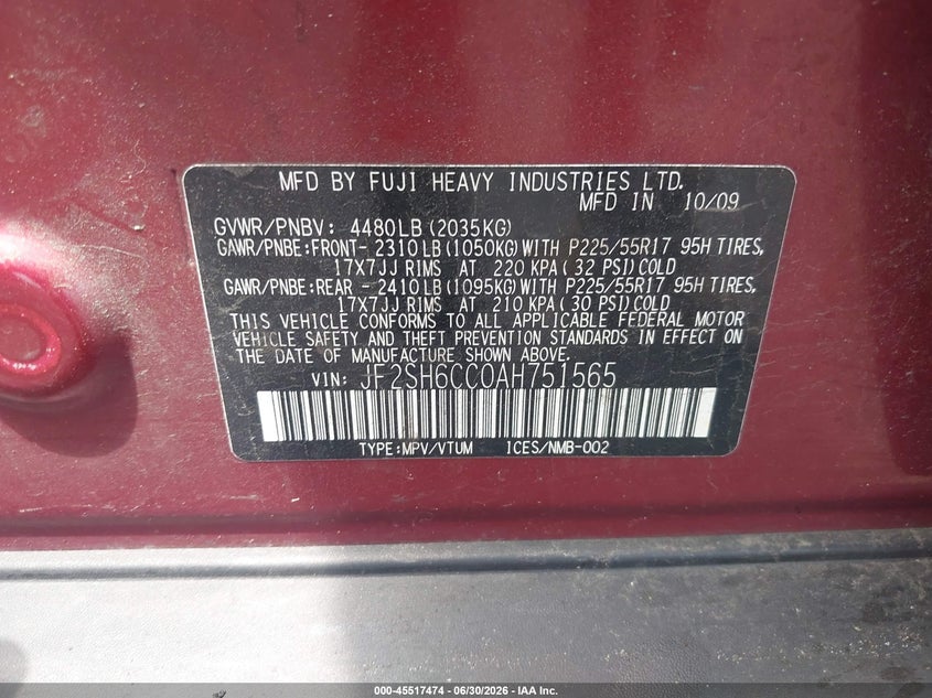 2010 Subaru Forester VIN JF2SH6CC0AH751565 IAAI salvage auction — NORMAL WEAR, Clear (New York), sold $425 on 2026-07-28 (photo 9)