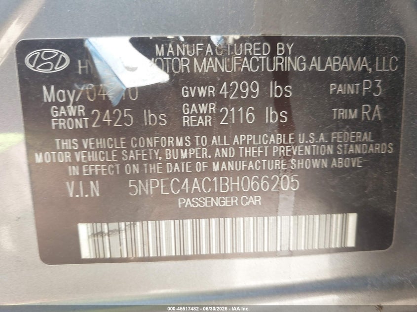 2011 Hyundai Sonata VIN 5NPEC4AC1BH066205 IAAI salvage auction — NORMAL WEAR, Clear (Virginia), sold $575 on 2026-07-29 (photo 9)