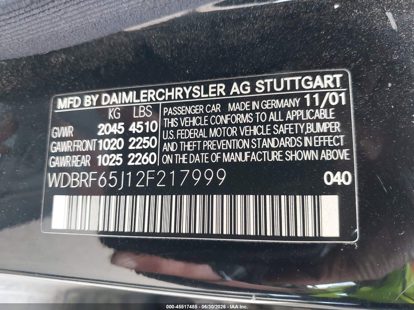 2002 Mercedes-benz C class VIN WDBRF65J12F217999 IAAI salvage auction — FRONT & REAR, Mv-907A (New York), sold $450 on 2026-07-21 (photo 9)