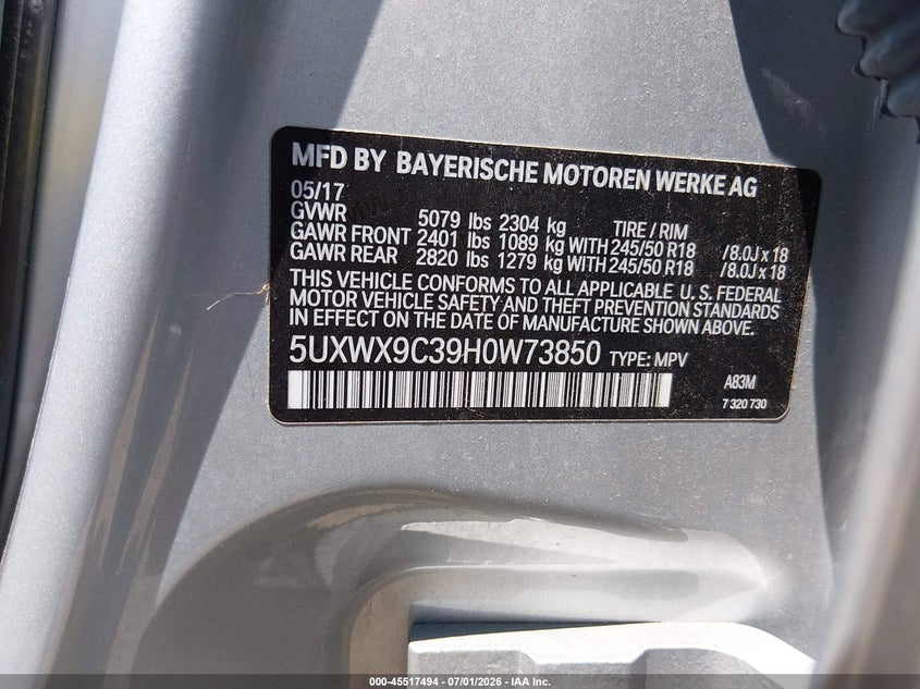 2017 BMW X3 VIN 5UXWX9C39H0W73850 IAAI salvage auction — SIDE, Salvage (Massachusetts), sold $2,050 on 2026-07-28 (photo 9)