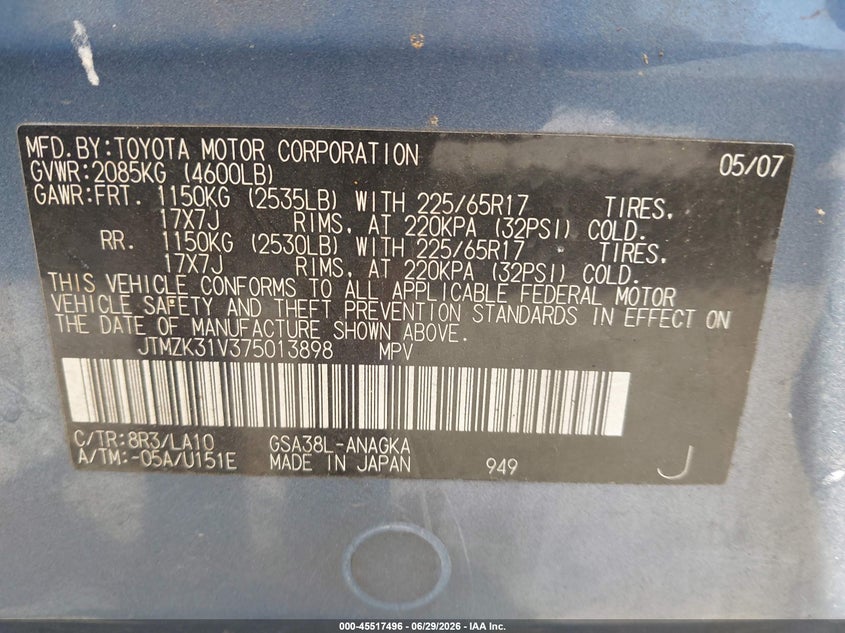 2007 Toyota Rav4 VIN JTMZK31V375013898 IAAI salvage auction — NORMAL WEAR, Original (Texas), sold $1,100 on 2026-07-28 (photo 9)