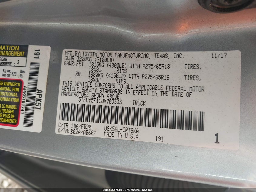 2018 Toyota Tundra VIN 5TFUY5F11JX703333 IAAI salvage auction — SIDE, Salvage Title, sold $9,100 on 2026-08-02 (photo 9)