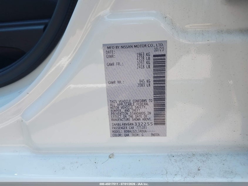 2024 Nissan Altima VIN 1N4BL4BV6RN332255 IAAI salvage auction — RIGHT FRONT, Salvage (Tennessee), sold $4,850 on 2026-07-30 (photo 9)