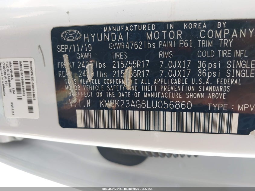 2020 Hyundai Kona VIN KM8K23AG8LU056860 IAAI salvage auction — NORMAL WEAR, Clear - Dealer Only (California), sold $4,475 on 2026-07-07 (photo 9)