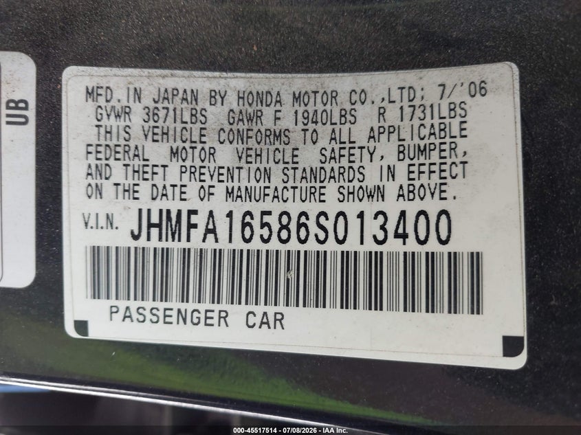 2006 Honda Civic VIN JHMFA16586S013400 IAAI salvage auction — NORMAL WEAR, Clear - Dealer Only (California), sold $225 on 2026-07-15 (photo 9)