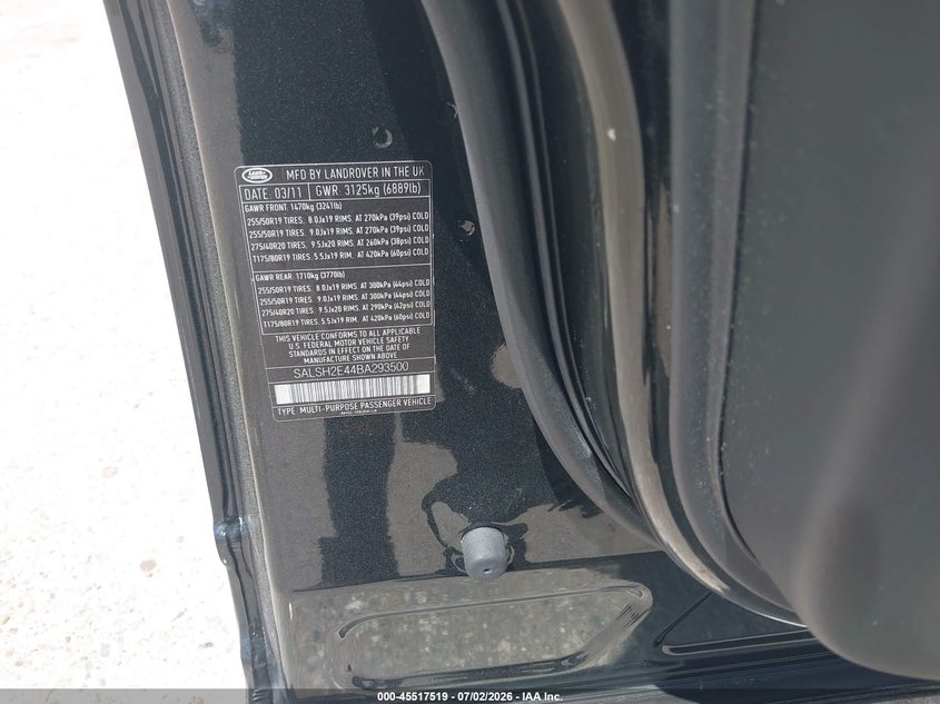 2011 Land rover Range rover sport VIN SALSH2E44BA293500 IAAI salvage auction — NORMAL WEAR, Clear (Texas), sold $1,050 on 2026-07-15 (photo 9)