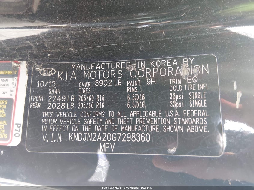2016 Kia Soul VIN KNDJN2A20G7298360 IAAI salvage auction — NORMAL WEAR, Clear (Tennessee), sold $25 on 2026-07-23 (photo 9)