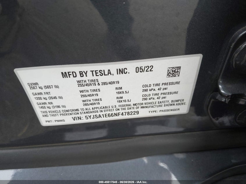 2022 Tesla Model s VIN 5YJSA1E66NF478229 IAAI salvage auction — RIGHT SIDE, Salvage Title, sold $1,150 on 2026-07-31 (photo 9)