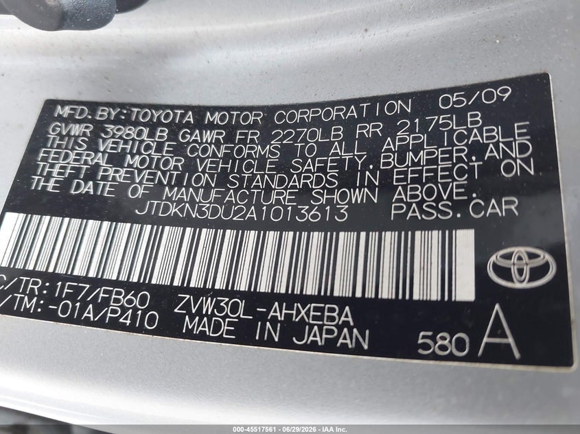 2010 Toyota Prius VIN JTDKN3DU2A1013613 IAAI salvage auction — NORMAL WEAR, Clear (California), sold $1,850 on 2026-07-29 (photo 9)