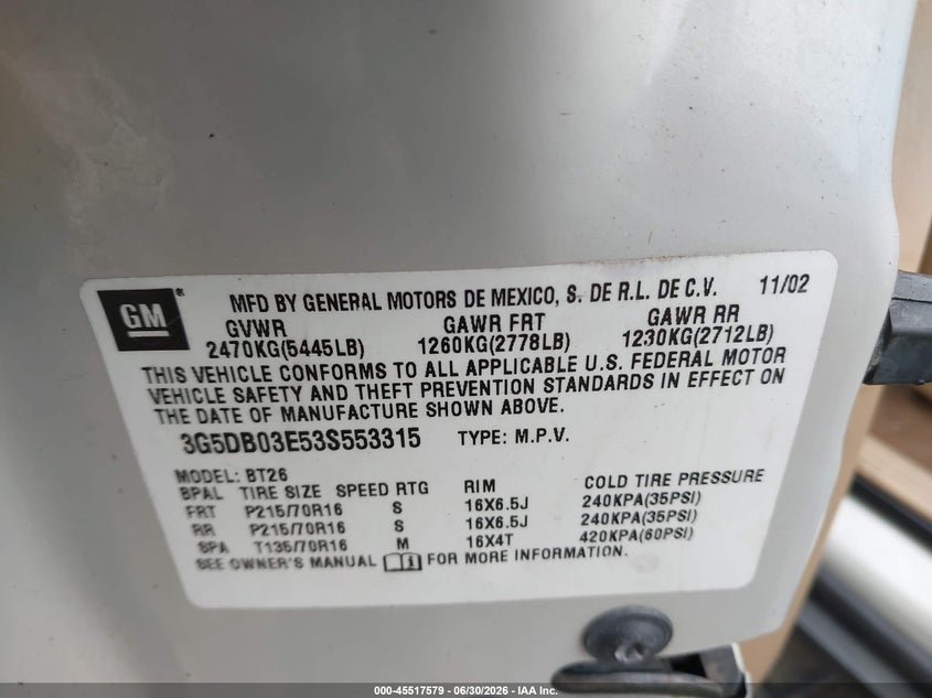 2003 Buick Rendezvous VIN 3G5DB03E53S553315 IAAI salvage auction — NORMAL WEAR, Clear (Washington), sold $25 on 2026-07-08 (photo 9)