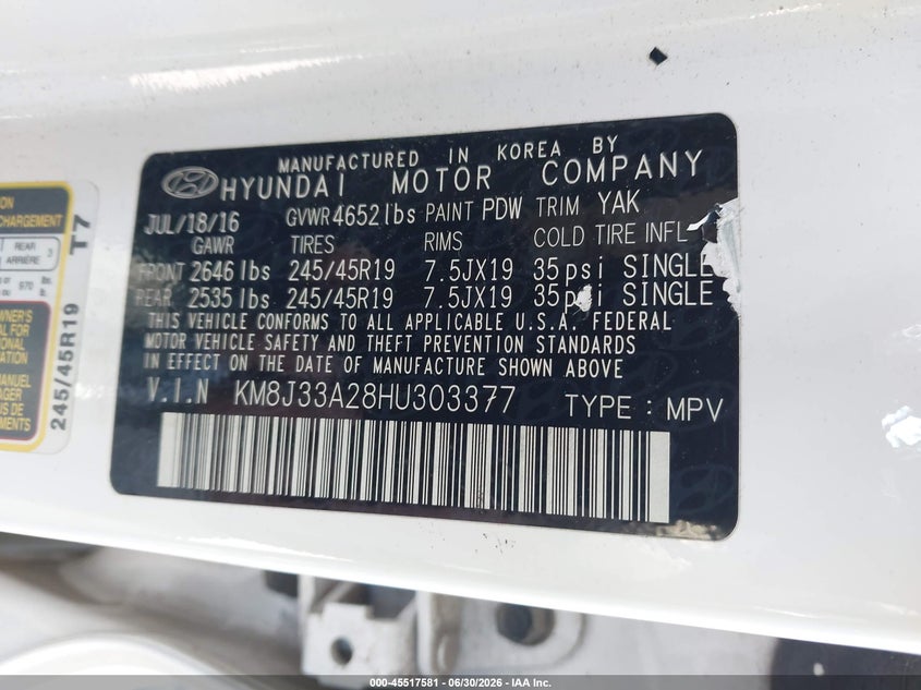 2017 Hyundai Tucson VIN KM8J33A28HU303377 IAAI salvage auction — THEFT, Clear (Virginia), sold $4,550 on 2026-07-24 (photo 9)
