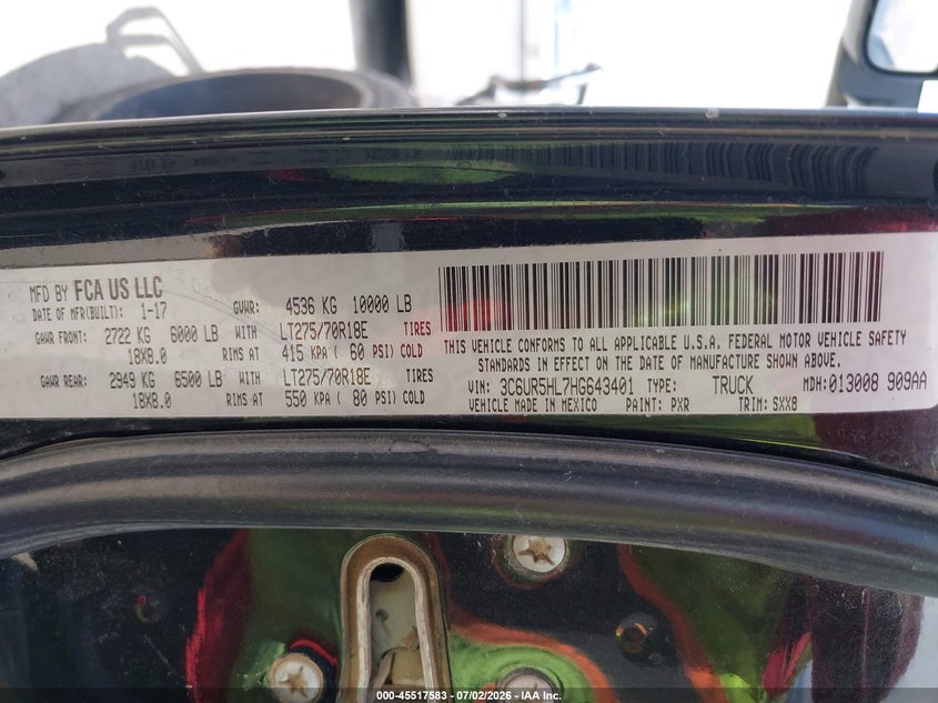 2017 Ram 2500 VIN 3C6UR5HL7HG643401 IAAI salvage auction — LEFT REAR, Salvage (Texas), sold $6,500 on 2026-08-01 (photo 9)