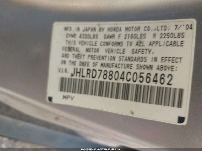 2004 Honda Cr-v VIN JHLRD78804C056462 IAAI salvage auction — NORMAL WEAR, Original (Ohio), sold $350 on 2026-07-30 (photo 9)