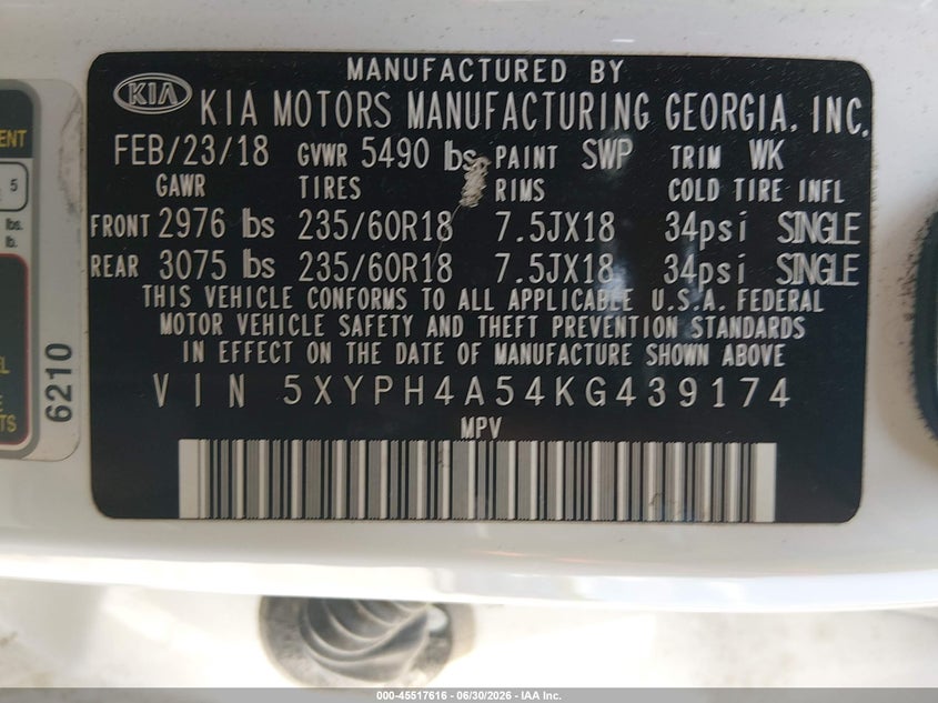 2019 Kia Sorento VIN 5XYPH4A54KG439174 IAAI salvage auction — NORMAL WEAR, Clear (Georgia), sold $2,250 on 2026-07-30 (photo 9)
