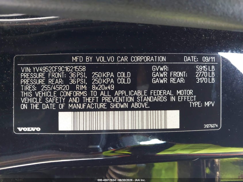 2012 Volvo Xc90 VIN YV4952CF9C1621558 IAAI salvage auction — FRONT END, Salvage (Georgia), sold $425 on 2026-08-07 (photo 9)