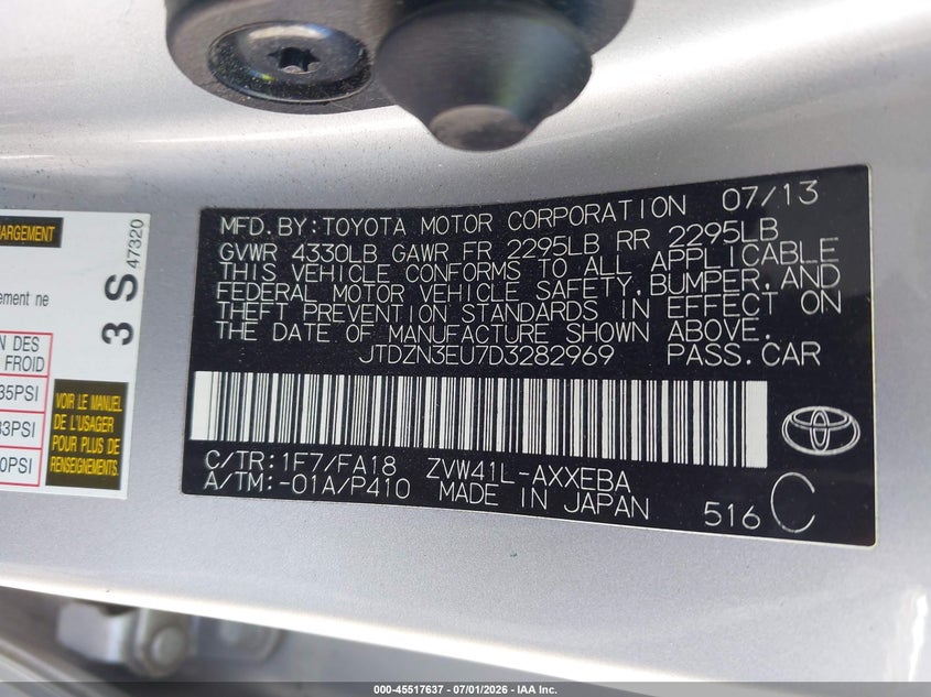 2013 Toyota Prius v VIN JTDZN3EU7D3282969 IAAI salvage auction — LEFT FRONT, Salvage (California), sold $4,750 on 2026-07-09 (photo 9)
