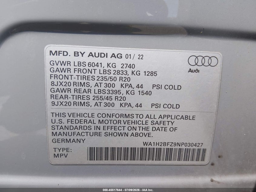 2022 Audi Q4 e-tron VIN WA1H2BFZ9NP030427 IAAI salvage auction — RIGHT FRONT, Salvage Title, sold $12,950 on 2026-07-23 (photo 9)