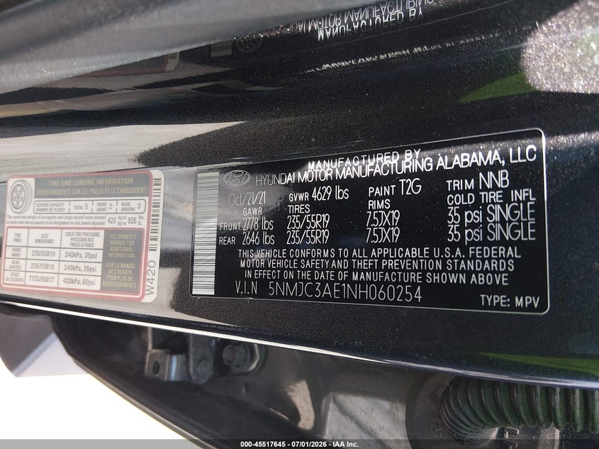 2022 Hyundai Tucson VIN 5NMJC3AE1NH060254 IAAI salvage auction — LEFT FRONT, Salvage Certificate (California), sold $5,875 on 2026-07-10 (photo 9)