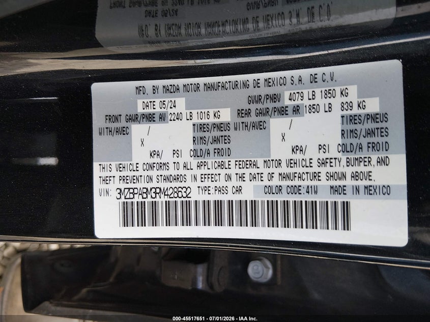 2024 Mazda 3 VIN 3MZBPABM3RM428632 IAAI salvage auction — NORMAL WEAR, Enterprise Vehicles Clear Only (California), sold $10,750 on 2026-07-08 (photo 9)