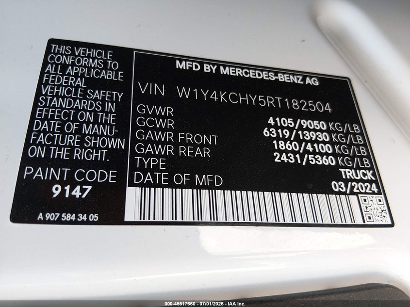 2024 Mercedes-benz Sprinter VIN W1Y4KCHY5RT182504 IAAI salvage auction — REAR END, Salvage Title, sold $21,100 on 2026-08-06 (photo 9)