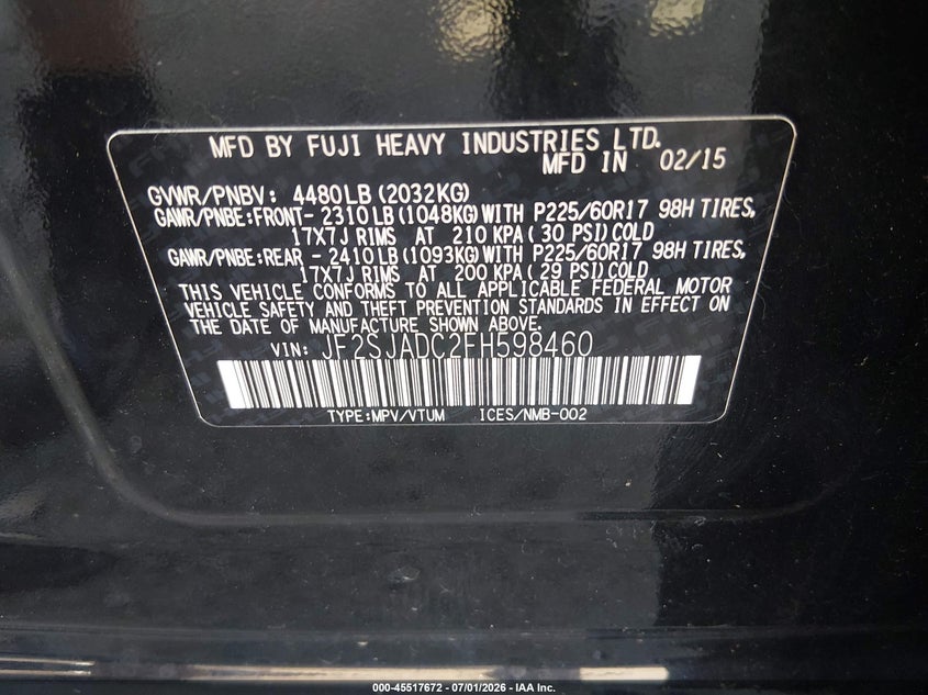 2015 Subaru Forester VIN JF2SJADC2FH598460 IAAI salvage auction — FRONT END, Clear (Tennessee), sold $900 on 2026-07-29 (photo 9)