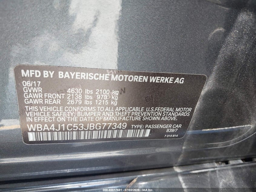 2018 BMW 4er VIN WBA4J1C53JBG77349 IAAI salvage auction — LEFT FRONT, Salvage (California), sold $25 on 2026-07-28 (photo 9)