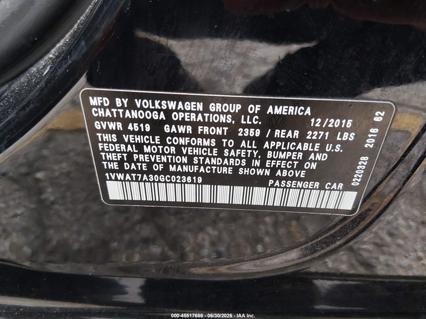 2016 Volkswagen Passat VIN 1VWAT7A30GC023619 IAAI salvage auction — LEFT SIDE, Salvage (Arizona), sold $1,150 on 2026-07-19 (photo 9)