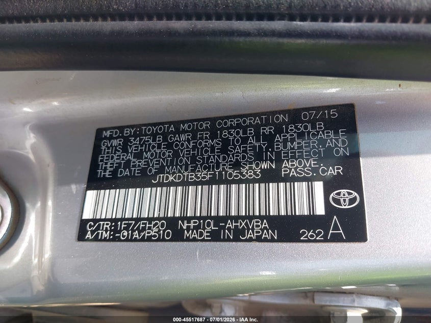 2015 Toyota Prius c VIN JTDKDTB35F1105383 IAAI salvage auction — FRONT END, Salvage Certificate (California), sold $400 on 2026-07-24 (photo 9)