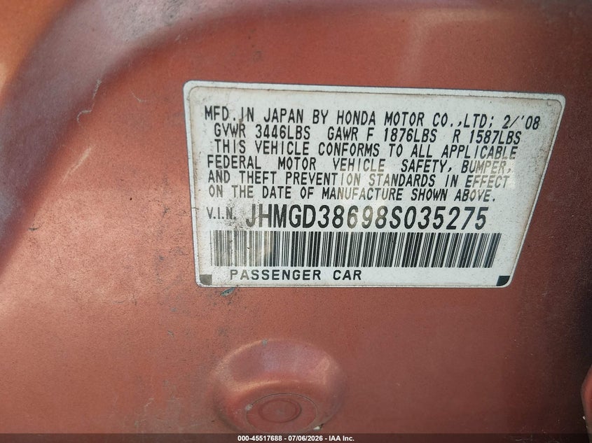 2008 Honda Fit VIN JHMGD38698S035275 IAAI salvage auction — NORMAL WEAR, Clear (Arkansas), sold $875 on 2026-07-16 (photo 9)