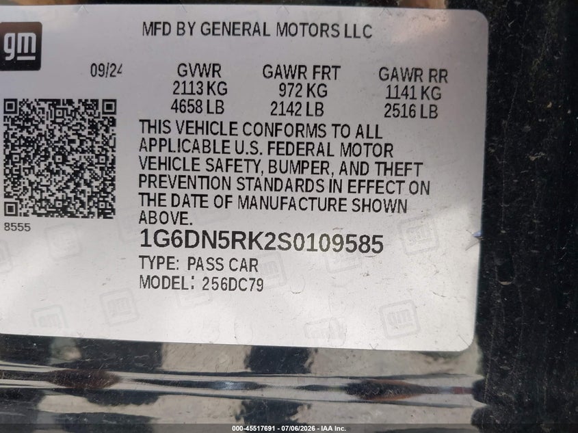 2025 Cadillac Ct5 VIN 1G6DN5RK2S0109585 IAAI salvage auction — HAIL, Enterprise Vehicles Clear Only (California), sold $9,250 on 2026-07-16 (photo 9)