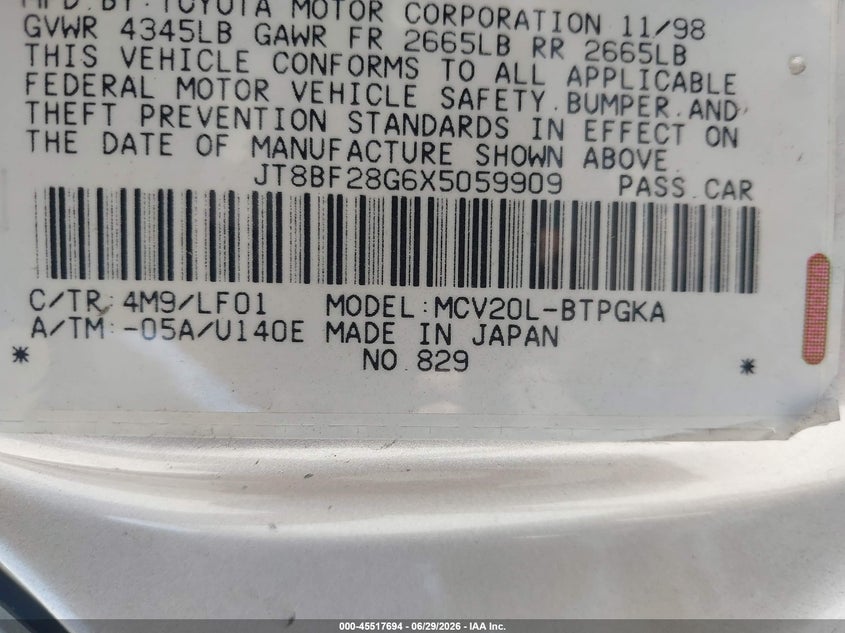 1999 Lexus Es 300 VIN JT8BF28G6X5059909 IAAI salvage auction — NORMAL WEAR, Clear - Dealer Only (California), sold $300 on 2026-07-06 (photo 9)