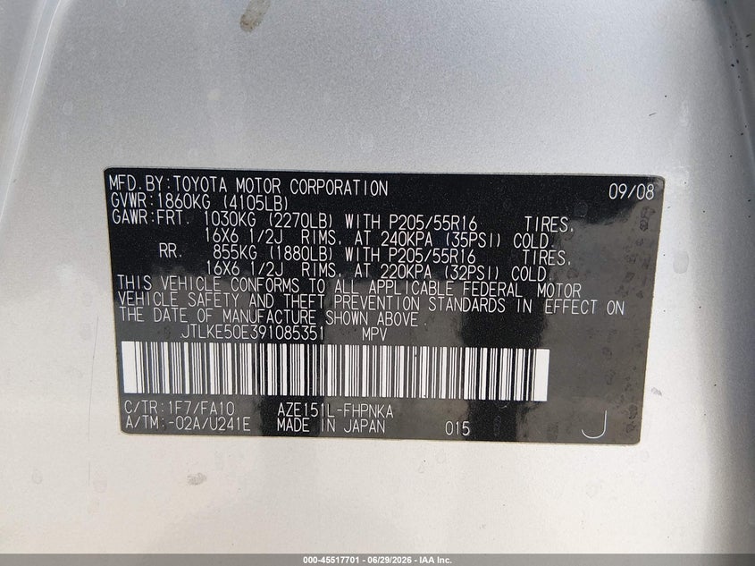 2009 Scion Xb VIN JTLKE50E391085351 IAAI salvage auction — NORMAL WEAR, Clear (Nevada), sold $400 on 2026-07-10 (photo 9)