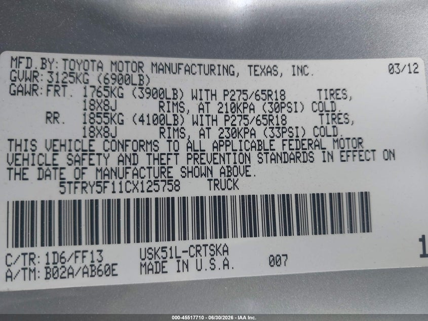 2012 Toyota Tundra VIN 5TFRY5F11CX125758 IAAI salvage auction — LEFT REAR, Salvage (California), sold $5,300 on 2026-07-23 (photo 9)