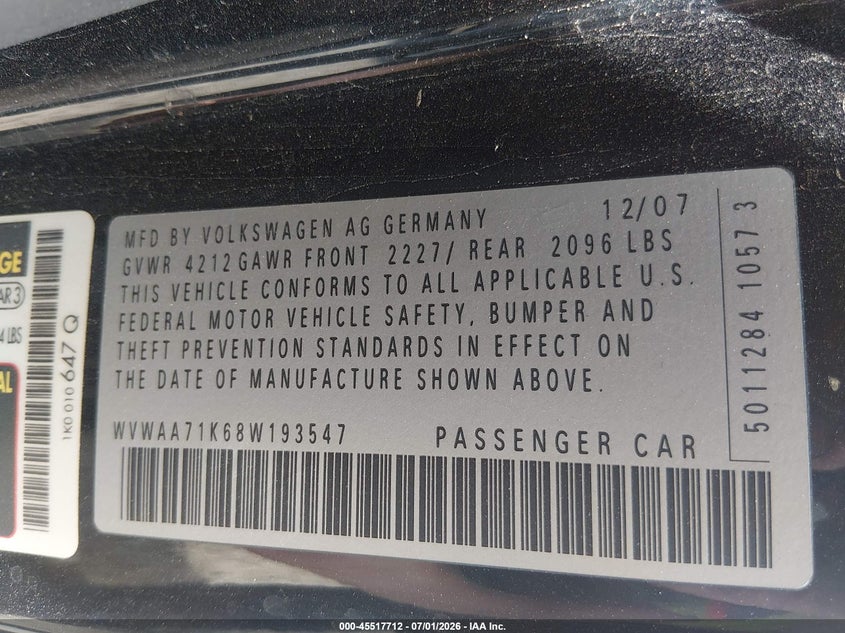 2008 Volkswagen Golf VIN WVWAA71K68W193547 IAAI salvage auction — LEFT & RIGHT, Salvage (Nevada), sold $275 on 2026-07-24 (photo 9)