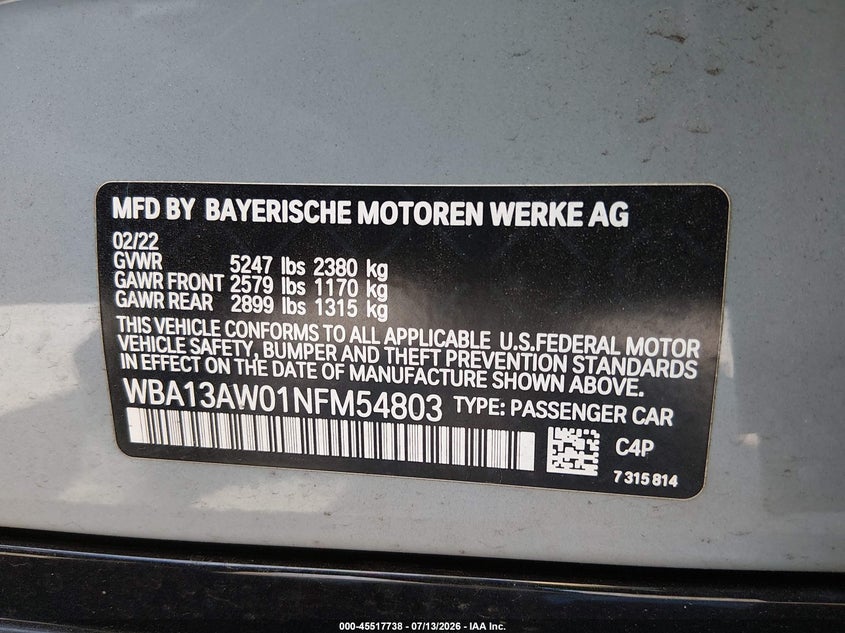 2022 BMW 4er VIN WBA13AW01NFM54803 IAAI salvage auction — FRONT END, Wait Title, sold $21,050 on 2026-08-18 (photo 9)