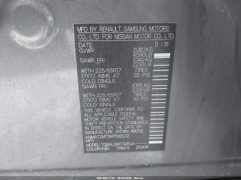 2019 Nissan Rogue VIN KNMAT2MT3KP516522 IAAI salvage auction — FRONT & REAR, Clear (Florida), sold $1,125 on 2026-07-30 (photo 9)
