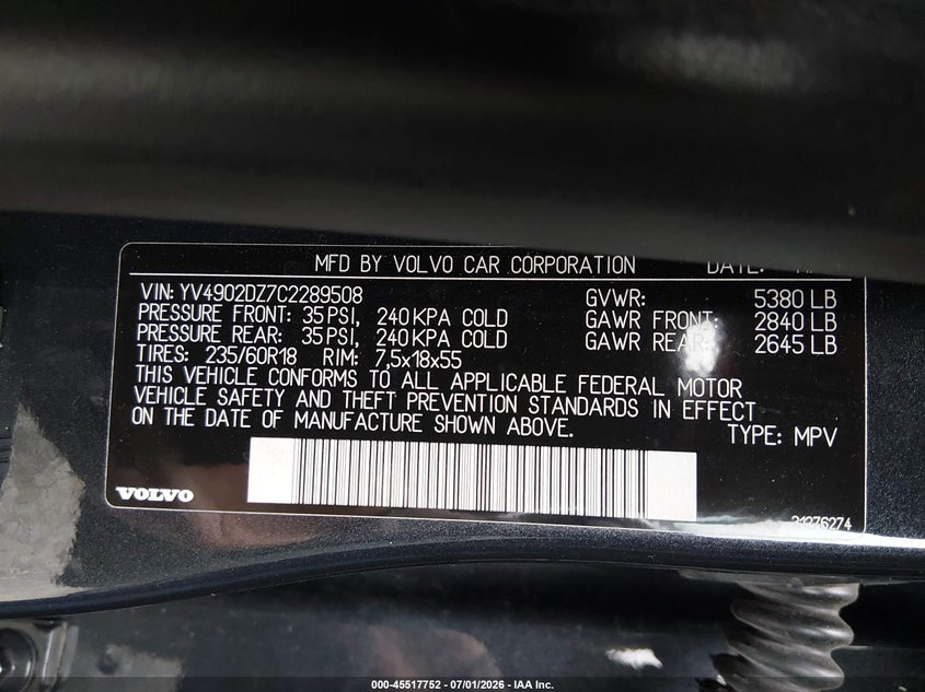 2012 Volvo Xc60 VIN YV4902DZ7C2289508 IAAI salvage auction — REAR END, Bill Of Sale (Washington), sold $800 on 2026-07-22 (photo 9)