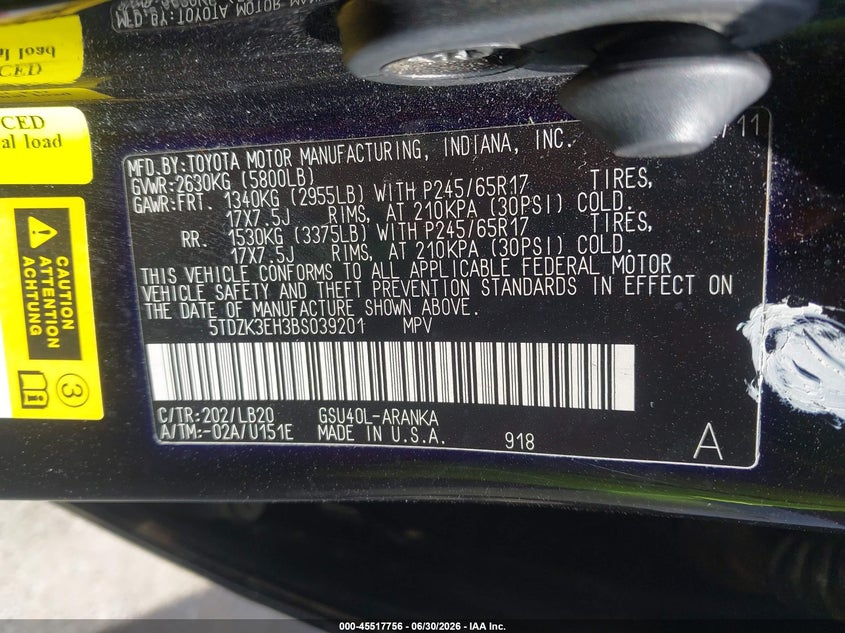 2011 Toyota Highlander VIN 5TDZK3EH3BS039201 IAAI salvage auction — NORMAL WEAR, Clear (Kansas), sold $2,000 on 2026-07-15 (photo 9)