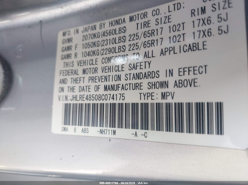 2008 Honda Cr-v VIN JHLRE48508C074175 IAAI salvage auction — NORMAL WEAR, Salvage (North Carolina), sold $1,250 on 2026-07-29 (photo 9)