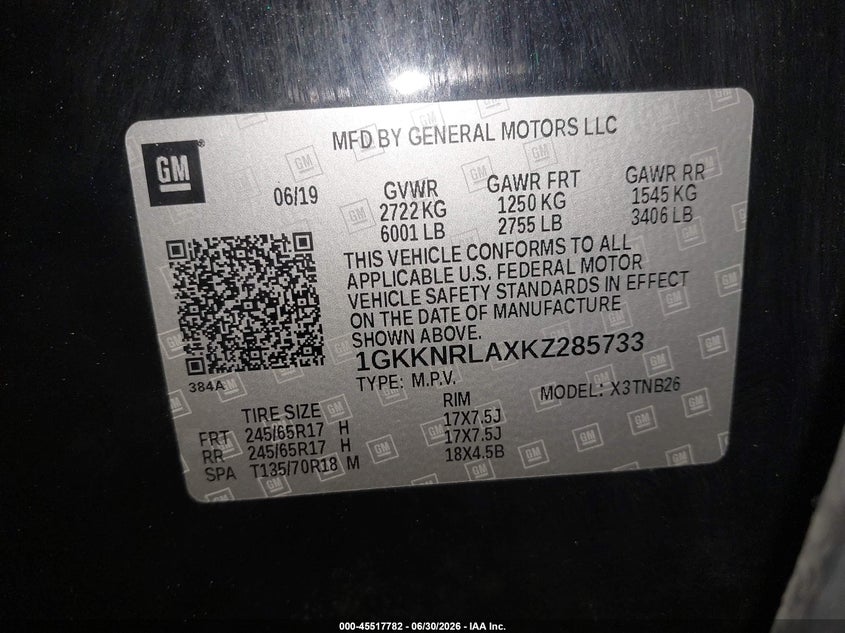 2019 Gmc Acadia VIN 1GKKNRLAXKZ285733 IAAI salvage auction — NORMAL WEAR, Sf97 (New York), sold $25 on 2026-07-23 (photo 9)